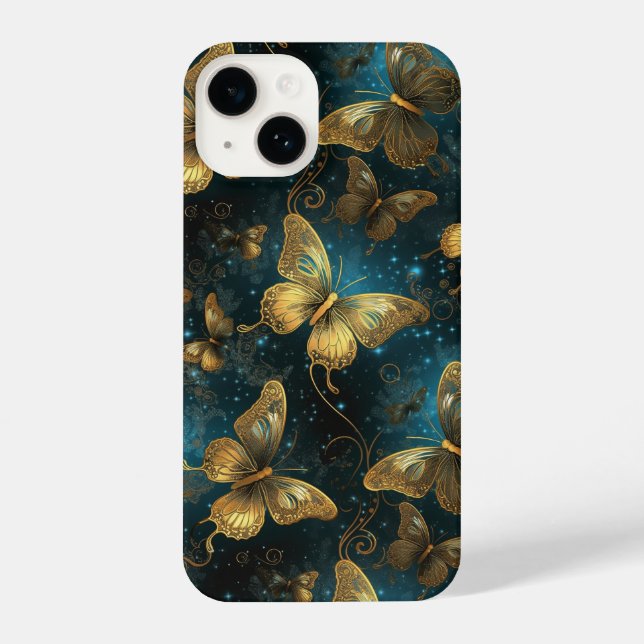Golden Butterflies Slim Fit iPhone 14 Fall Hülle (Rückseite)