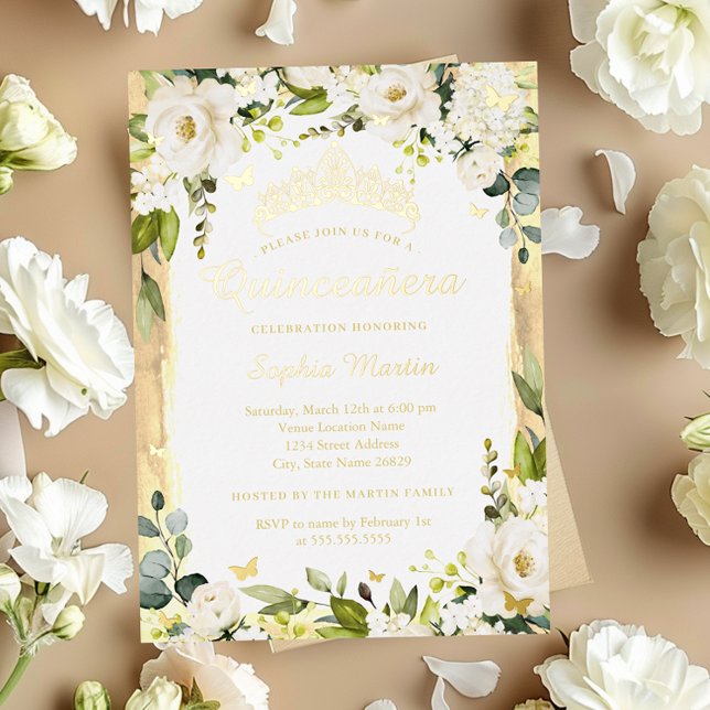 Golden Butterfly Champagne Floral Quinceanera Folieneinladung (Von Creator hochgeladen)