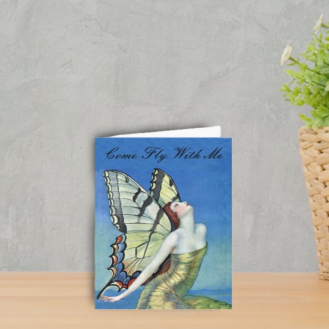 Golden Butterfly Fairy Note Card Karte (Pretty red haired fairy gold dress monarch butterfly wings blue sky on notecard.)