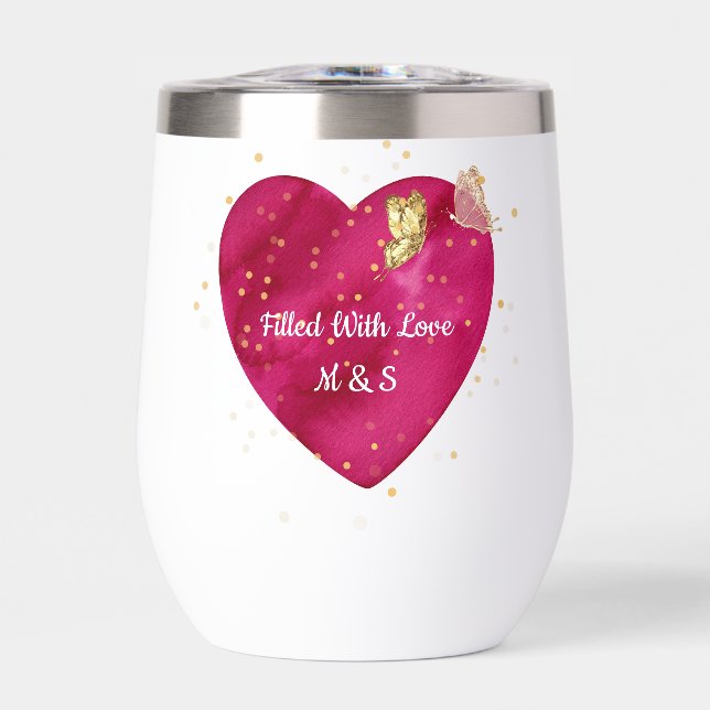 Golden Butterfly Pink Heart Valentine Wine Tumbler (Vorderseite)