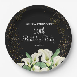 Golden Butterfly White Calla Lily Black Birthday Pappteller