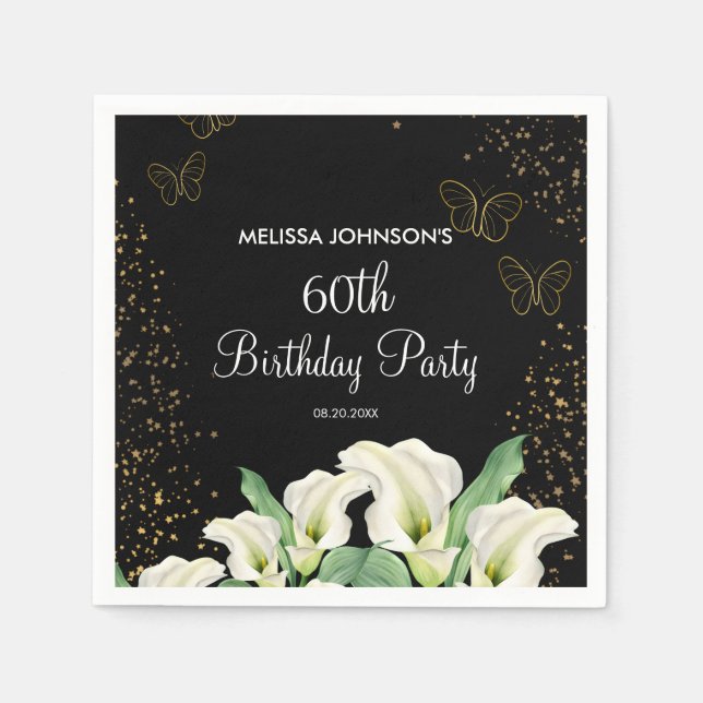 Golden Butterfly White Calla Lily Black Birthday Serviette (Vorderseite)