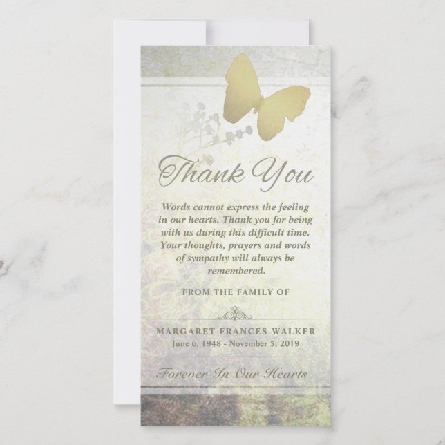 Golden Butterfly Words kann Ihnen nicht danken Dankeskarte (Vorderseite)