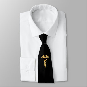 Golden Caduceus Medical on Black Neck Tie Krawatte