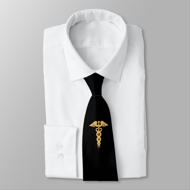 Golden Caduceus Medical on Black Neck Tie Krawatte (Gebunden)
