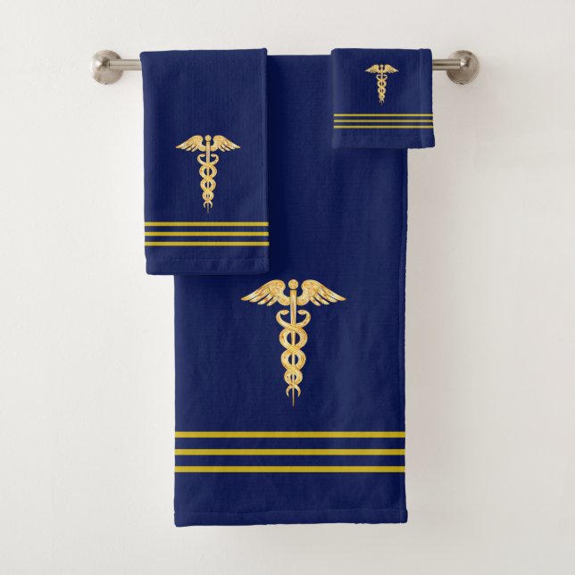 Golden Caduceus & Stripes on Navy Blue Badhandtuch Set (Insitu)