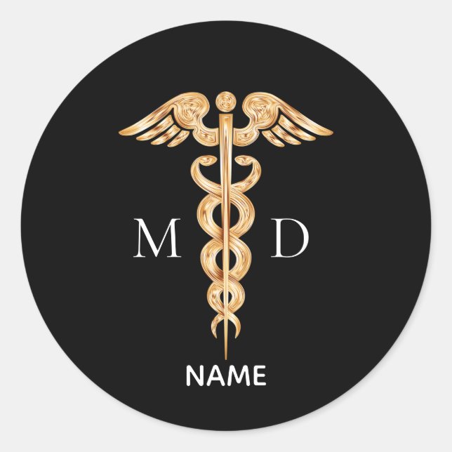 Golden Caduceus Symbol & Medical Doctor Monogramm  Runder Aufkleber (Vorderseite)