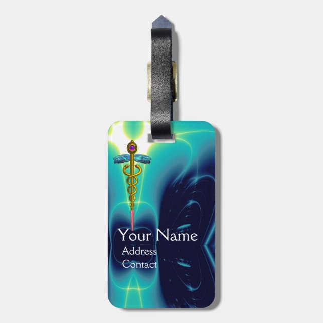 GOLDEN CADUCEUS SYMBOL MONOGRAM Aquamarin Blau Tür Gepäckanhänger (Rückseite vertikal)