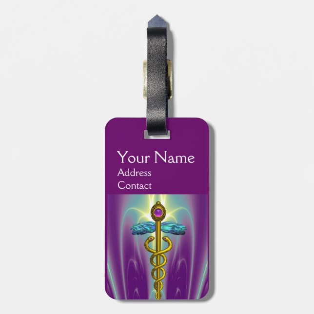 GOLDEN CADUCEUS SYMBOL MONOGRAMM Lila grün Gepäckanhänger (Rückseite vertikal)