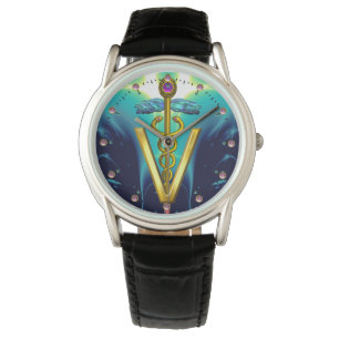 GOLDEN CADUCEUS VETERINÄRSYMBOL / Aqua Blau, Aquam Armbanduhr