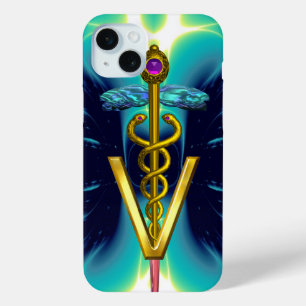 GOLDEN CADUCEUS VETERINÄRSYMBOL / Aquamarin blau iPhone 15 Mini Hülle