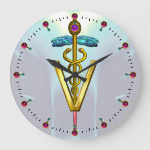 GOLDEN CADUCEUS VETERINÄRSYMBOL /Aquamarin blau Große Wanduhr