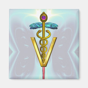 GOLDEN CADUCEUS VETERINÄRSYMBOL Aquamarin Blue Magnet