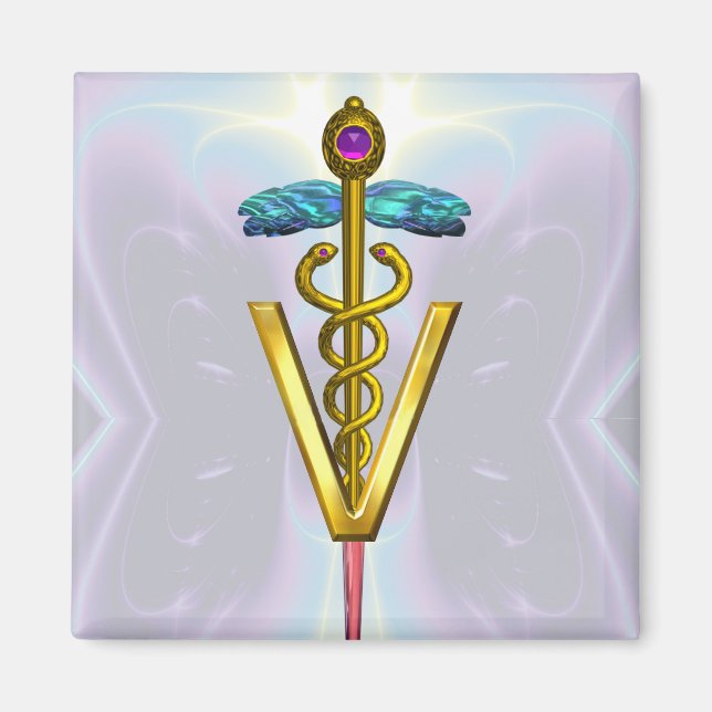 GOLDEN CADUCEUS VETERINÄRSYMBOL Aquamarin Blue Magnet (Vorne)