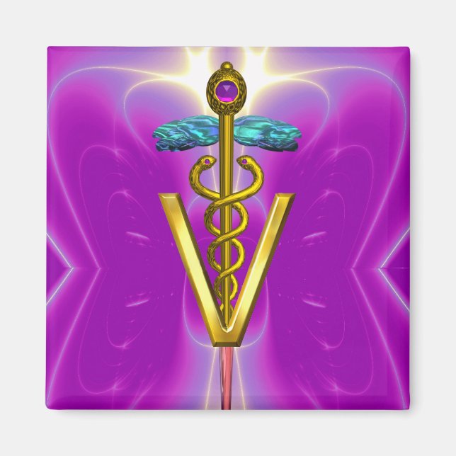 GOLDEN CADUCEUS VETERINÄRSYMBOL Fuchsia Pink Magnet (Vorne)