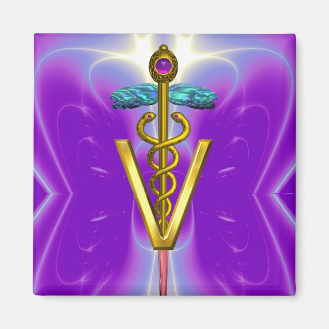 GOLDEN CADUCEUS VETERINÄRSYMBOL Lila Aquamarin Magnet (Vorne)