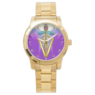GOLDEN CADUCEUS VETERINÄRSYMBOL / Lila Armbanduhr