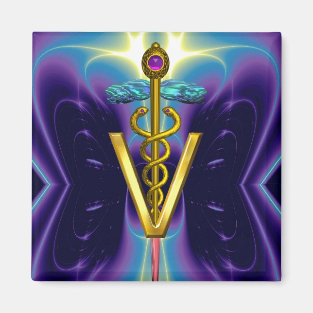 GOLDEN CADUCEUS VETERINÄRSYMBOL / Lila blau Magnet (Vorne)