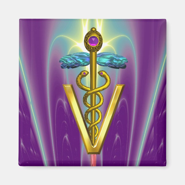 GOLDEN CADUCEUS VETERINÄRSYMBOL / Lila grün Magnet (Vorne)