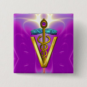 GOLDEN CADUCEUS VETERINÄRSYMBOL / Pink Fuchsia Button