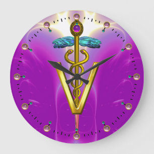 GOLDEN CADUCEUS VETERINÄRSYMBOL / Pink Fuchsia Große Wanduhr
