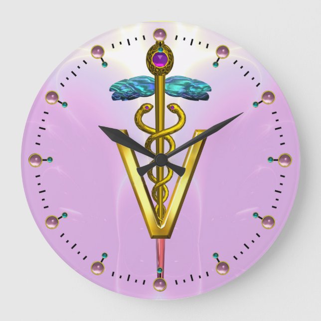 GOLDEN CADUCEUS VETERINÄRSYMBOL / Pink Große Wanduhr (Vorderseite)