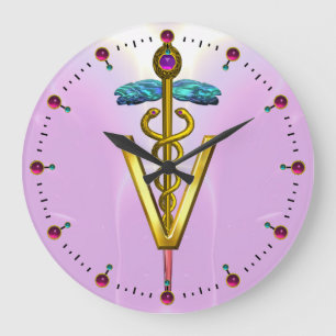 GOLDEN CADUCEUS VETERINÄRSYMBOL / Pink Große Wanduhr