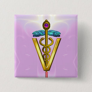 GOLDEN CADUCEUS VETERINÄRSYMBOL/Pink weiß Button
