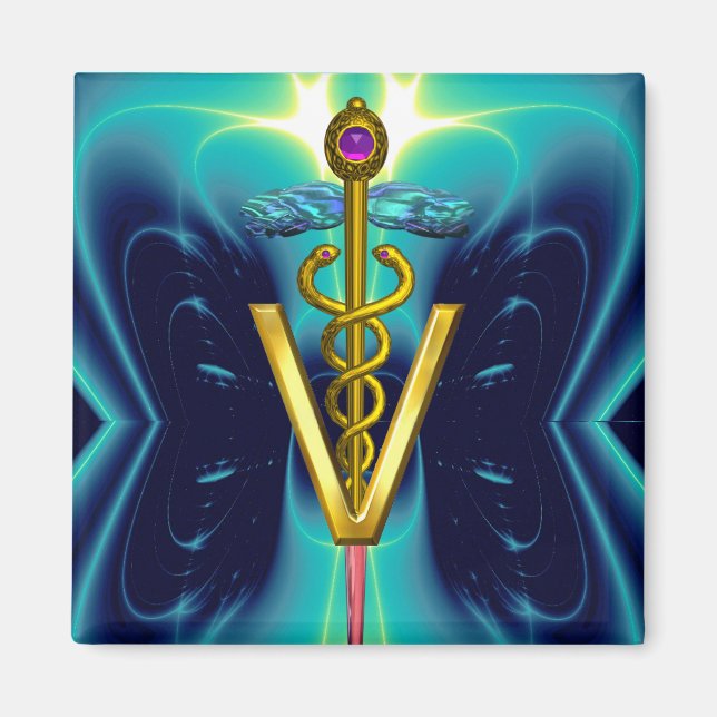 GOLDEN CADUCEUS VETERINARY SYMBOL Blau Türkis Magnet (Vorne)