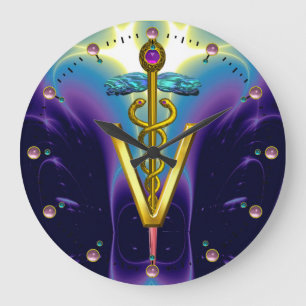 GOLDEN CADUCEUS VETERINARY SYMBOL /  Blue Purple Große Wanduhr