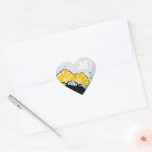 Golden Camellias Monogram Initials Herz-Aufkleber