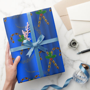 Golden Candy Canes on Blue Christmas Geschenkpapier