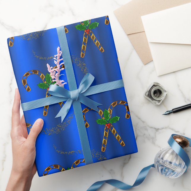 Golden Candy Canes on Blue Christmas Geschenkpapier (Schenken)