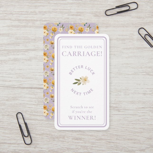 Golden Carriage Scratch-Off | Lavender Non-Winner Visitenkarte (Vorderseite/Rückseite Beispiel)