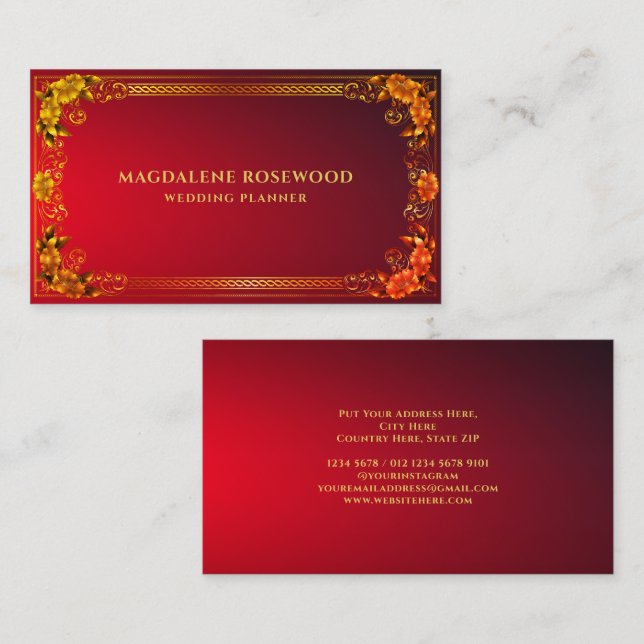 Golden Carved Regal Blume Rahmen auf hellrot Visitenkarte (Vorne/Hinten)