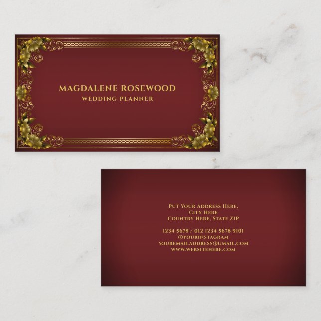 Golden Carved Regal Blume Rahmen auf Rot Visitenkarte (Vorne/Hinten)