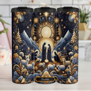 Golden Celestial Nativity Night Scene Thermosbecher