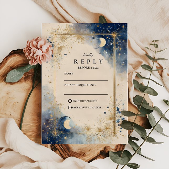 Golden Celestial Night Wedding RSVP Karte (Von Creator hochgeladen)