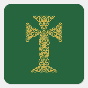 Golden Celtic Cross Irish Green Quadratischer Aufkleber