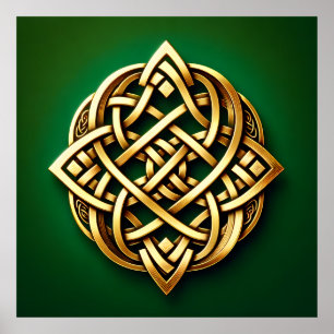 Golden Celtic Knot on Green Poster