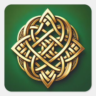 Golden Celtic Knot on Green Quadratischer Aufkleber