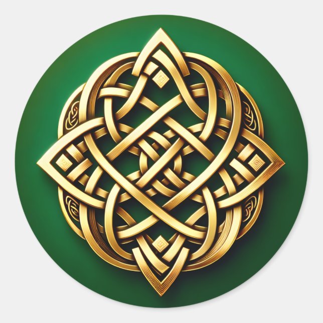 Golden Celtic Knot on Green Runder Aufkleber (Vorderseite)