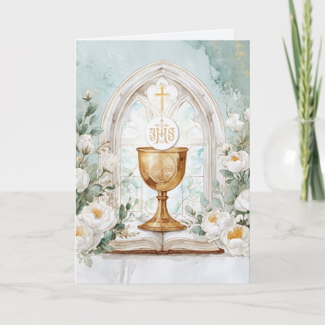 Golden Chalice & White Roses Priest Birthday  Karte (Vorderseite)