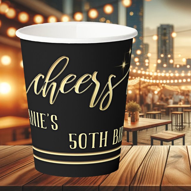 Golden Chef Festive Birthday Paper Cups Pappbecher (Festive paper cups featuring a gold stylized Cheers text with stars and script text - birthday )