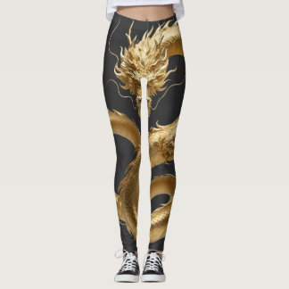 Golden Chinese Dragon Art | Mythical Creature Fant Leggings