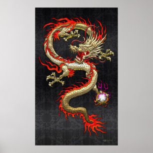 Golden Chinese Dragon Fucanglong auf Black Silk Poster