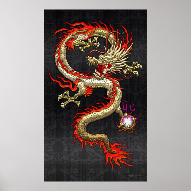 Golden Chinese Dragon Fucanglong auf Black Silk Poster (Vorne)