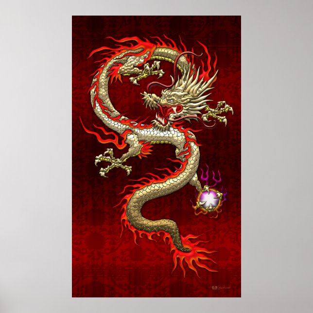 Golden Chinese Dragon Fucanglong on Red Silk Poster (Vorne)