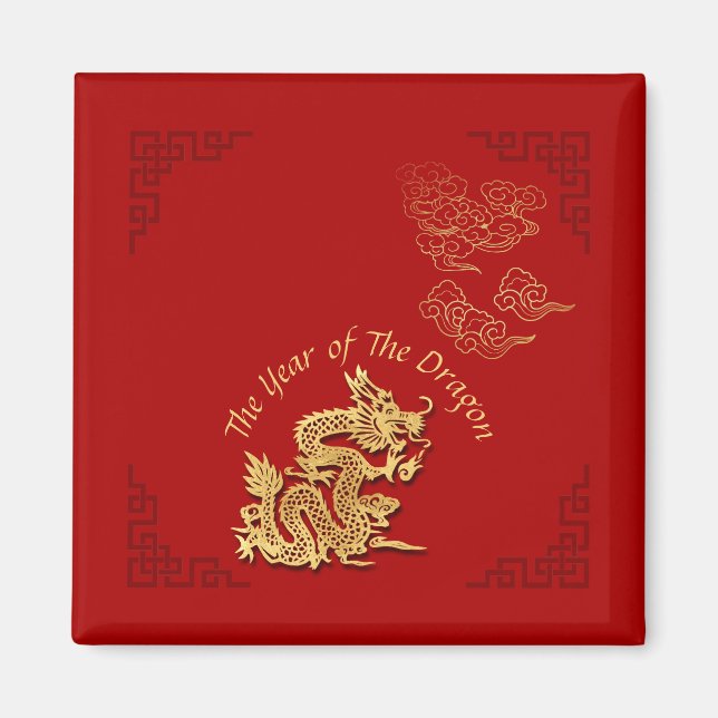 Golden Chinese Paper-cut Dragon Year 2024 SqM Magnet (Vorne)