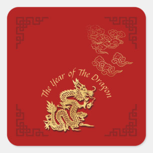 Golden Chinese Paper-cut Dragon Year 2024 SqS Quadratischer Aufkleber